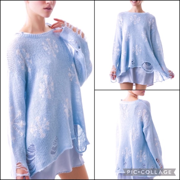 WILDFOX Wool Blend Pastel Blue Distressed White Snowflake Sweater - Picture 2 of 13